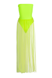 Fluorescent Green Sexy Solid Mesh Strapless Cake Skirt Dress Swimwear