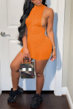 Orange Sexy Casual Solid Backless Zipper Collar Sleeveless Dress Dresses