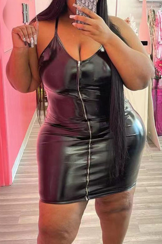 Black Sexy Solid Patchwork Zipper Spaghetti Strap Sling Dress Plus Size Dresses