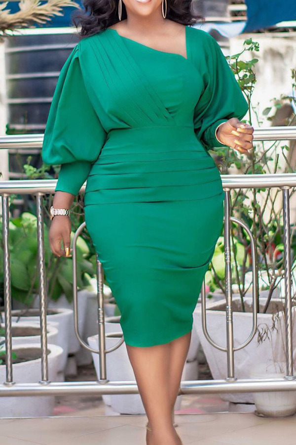 Green Elegant Solid Patchwork Fold Asymmetrical Collar One Step Skirt Dresses