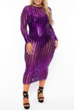 Purple Sexy Solid Hollowed Out Patchwork See-through O Neck One Step Skirt Plus Size Dresses