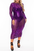 Purple Sexy Solid Hollowed Out Split Joint See-through O Neck One Step Skirt Plus Size Dresses