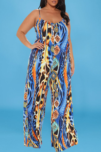 Blue Fashion Sexy Print Backless Spaghetti Strap Plus Size Jumpsuits