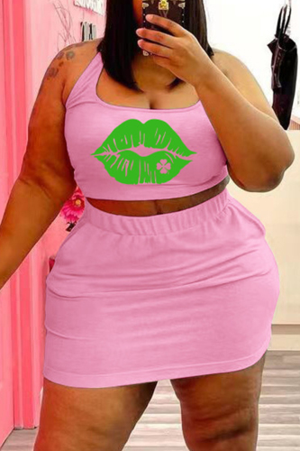 Pink Sexy Casual Lips Printed Backless U Neck Plus Size Two Pieces