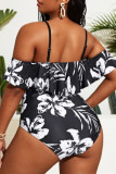 Black Fashion Sexy Print Backless Off the Shoulder Plus Size Swimwear