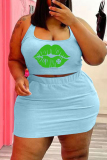 Blue Sexy Casual Lips Printed Backless U Neck Plus Size Two Pieces