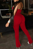 Red Sexy Solid Patchwork Slit Strapless Regular Jumpsuits