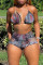 The cowboy blue Fashion Sexy Print Ripped Backless Halter Sleeveless Two Pieces