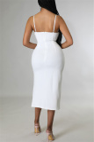 White Fashion Sexy Patchwork Hot Drilling Backless Slit Spaghetti Strap Sleeveless Dress