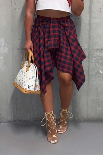 Red Black Fashion Street Plaid Print Bandage Patchwork Asymmetrical High Waist Type A Full Print Bottoms