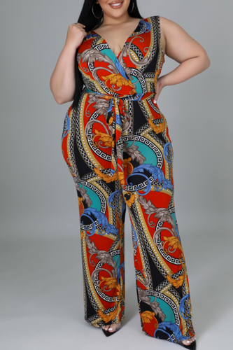 Multicolor Fashion Casual Print Basic V Neck Plus Size Jumpsuits