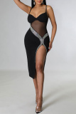 Black Fashion Sexy Patchwork Hot Drilling Backless Slit Spaghetti Strap Sleeveless Dress