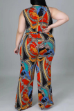 Multicolor Fashion Casual Print Basic V Neck Plus Size Jumpsuits