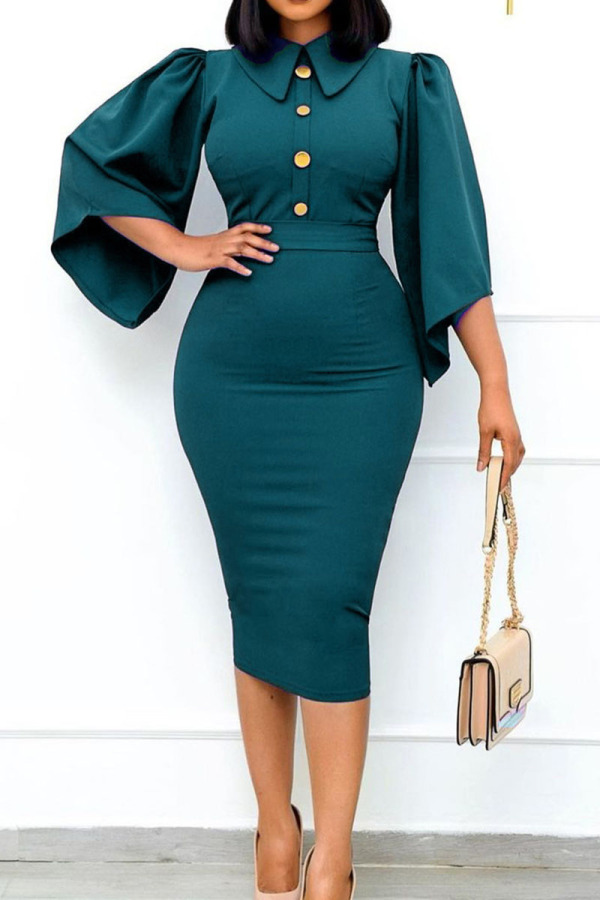 Green Casual Daily Solid Patchwork Buckle Turndown Collar One Step Skirt Dresses