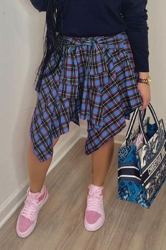 Blue Red Fashion Street Plaid Print Bandage Patchwork Asymmetrical High Waist Type A Full Print Bottoms