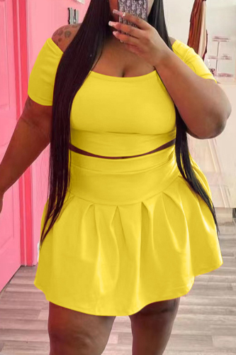 Yellow Fashion Casual Solid Basic O Neck Short Sleeve Two Pieces