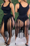 Black Fashion Sexy Solid Tassel Patchwork O Neck Sleeveless Two Pieces