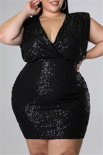 Black Fashion Sexy Plus Size Patchwork Sequins Backless V Neck Sleeveless Dress