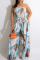 Light Blue Sexy Casual Print Backless Strapless Regular Jumpsuits
