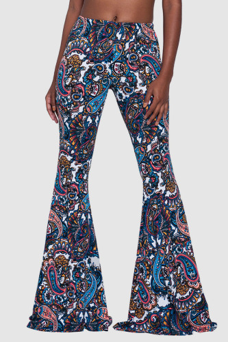 Blue Casual Street Print Patchwork Boot Cut High Waist Speaker Full Print Bottoms