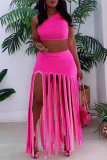 Red Fashion Sexy Solid Tassel Backless One Shoulder Sleeveless Two Pieces
