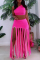 Rose Red Fashion Sexy Solid Tassel Backless One Shoulder Sleeveless Two Pieces