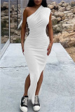 White Fashion Sexy Solid Slit Oblique Collar Long Dress