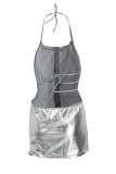 Silver Sexy Solid Hollowed Out Patchwork Backless Halter One Step Skirt Dresses
