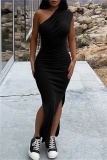 Black Fashion Sexy Solid Slit Oblique Collar Long Dress
