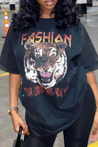 Black Casual Street Print Patchwork O Neck T-Shirts