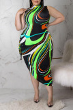 Green Sexy Print Bandage Hollowed Out Patchwork O Neck Irregular Dress Plus Size Dresses