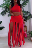 Rose Red Fashion Sexy Solid Tassel Backless One Shoulder Sleeveless Two Pieces