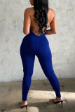 Blue Fashion Sexy Solid Backless Halter Skinny Jumpsuits