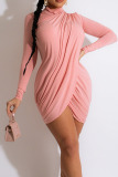 Pink Sweet Solid Patchwork Fold Half A Turtleneck Irregular Dress Dresses