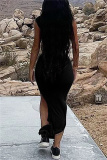 Black Fashion Sexy Solid Slit Oblique Collar Long Dress
