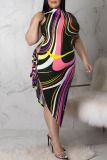 Pink Sexy Print Bandage Hollowed Out Patchwork O Neck Irregular Dress Plus Size Dresses