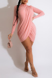 Pink Sweet Solid Patchwork Fold Half A Turtleneck Irregular Dress Dresses
