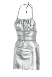 Silver Sexy Solid Hollowed Out Patchwork Backless Halter One Step Skirt Dresses