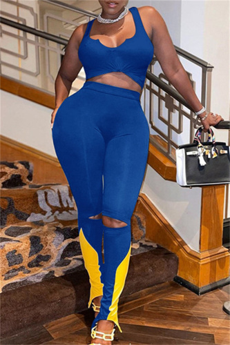 Blue Sexy Casual Sportswear Patchwork Hollowed Out Pants V Neck Sleeveless Two Pieces