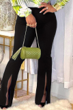 Black Fashion Casual Solid Slit Plus Size High Waist Trousers