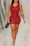 Red Fashion Sexy Solid Sequins Patchwork O Neck Vest Dress