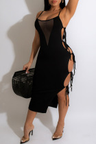 Black Sexy Print Bandage Hollowed Out Mesh One Step Skirt Dresses