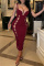 Burgundy Fashion Sexy Solid Hollowed Out Backless V Neck Sling Dress