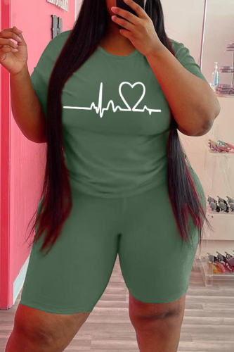 Army Green Fashion Casual Print Basic O Neck Plus Size Two Pieces