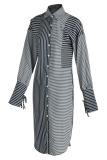Black Gray Fashion Casual Striped Print Patchwork Frenulum Turndown Collar Shirt Dress (Without Belt)