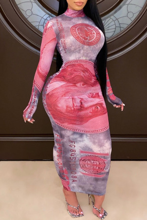 Pink Fashion Sexy Adult Print Patchwork See-through O Neck Long Sleeve Ankle Length Printed Dress Dresses
