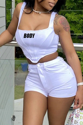 White Fashion Casual Solid Letter Square Collar Sleeveless Two Pieces