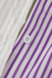 Purple Casual Striped Print Patchwork Buckle Turndown Collar Plus Size Dresses