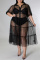 Black Fashion Sexy Plus Size Solid Patchwork See-through Turndown Collar Mesh Dress