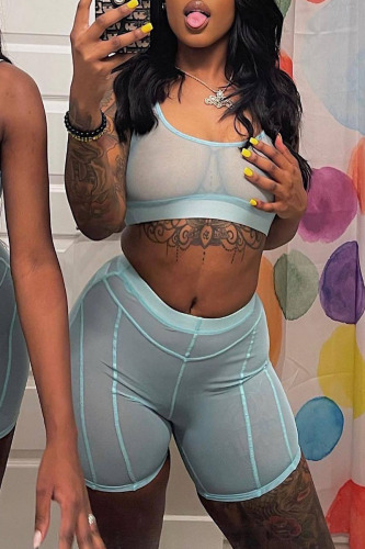 Light Blue Sexy Solid Patchwork See-through U Neck Sleeveless Two Pieces
